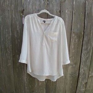 Maurices size L sheer ivory white tunic blouse henley 3/4 roll tab sleeve